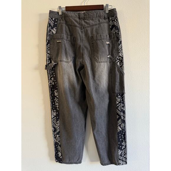 Easel Black Distressed Bandana Jeans Suspenders Overalls size Large - Picture 8 of 15